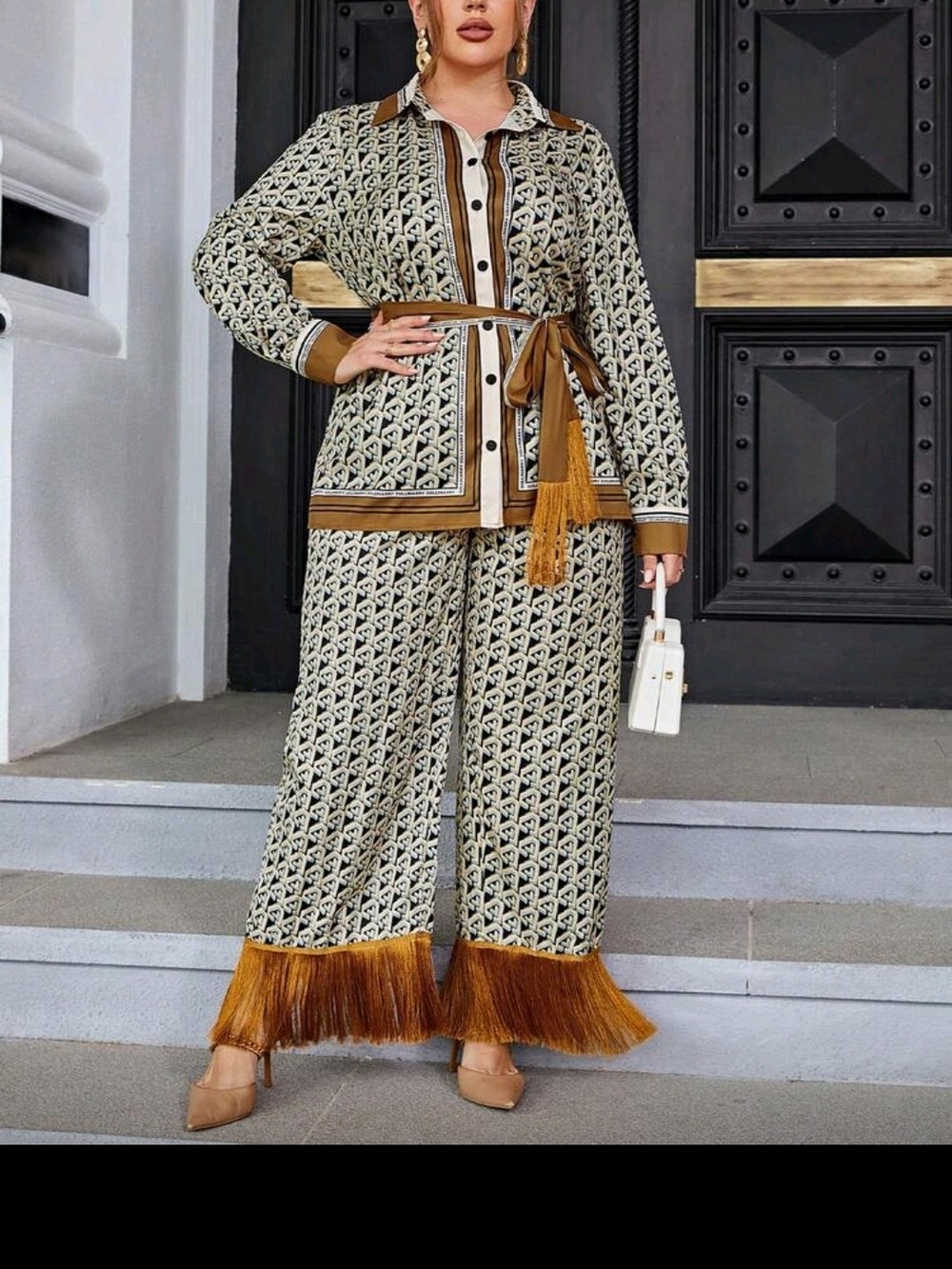 Fringed Wide-Leg Pants in Cream & Brown